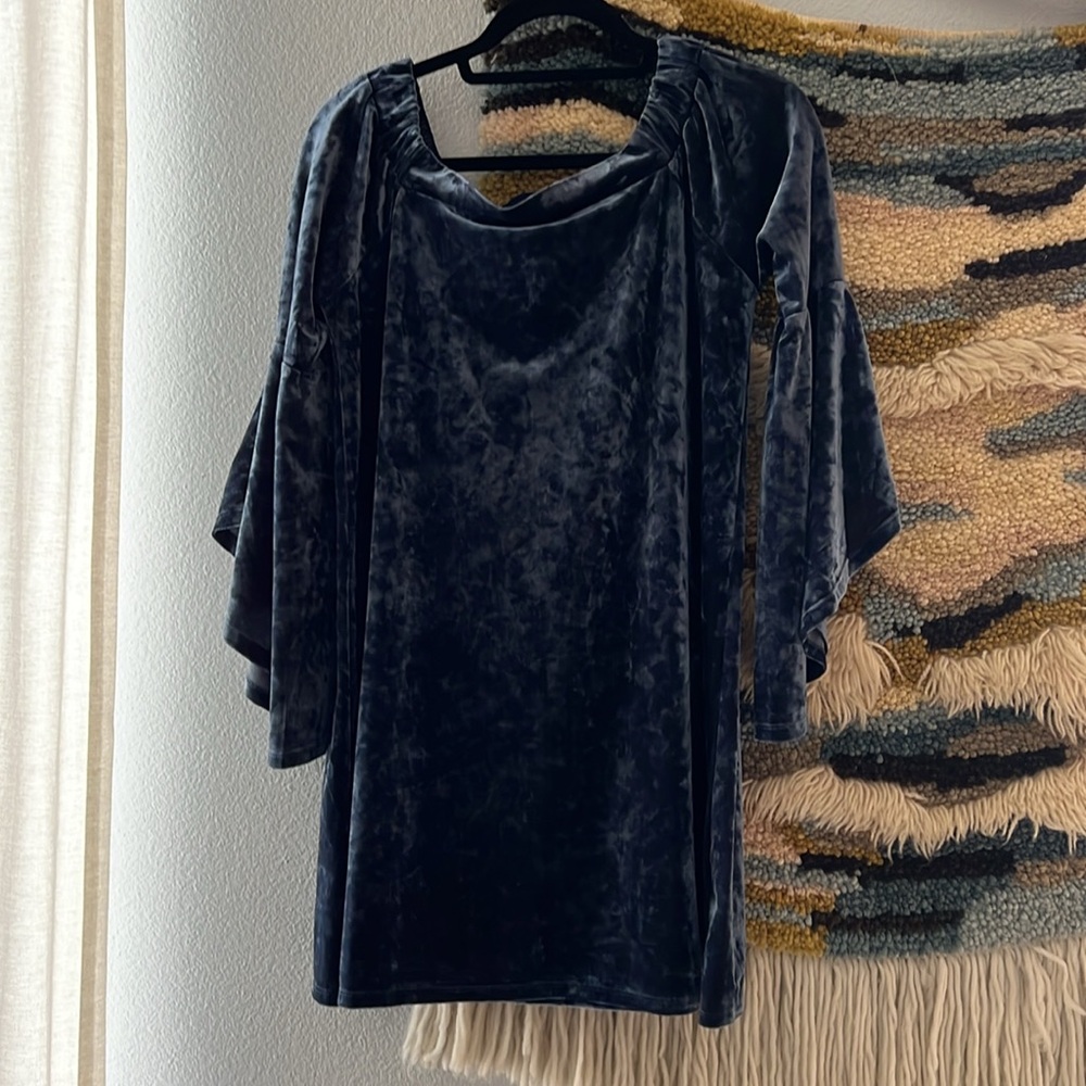 TRUE DESTINY Blue Crush Velvet Mini Tunic Dress Off The Shoulder Cowl Neck L